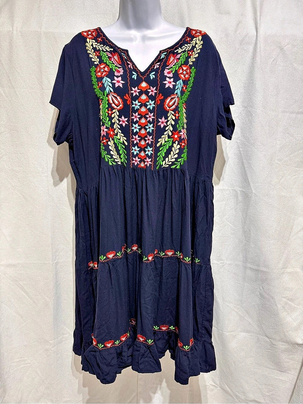 Shoreline Navy Colorful Floral Embroidered Beach Dress Cover Up Boho Festive 2XL